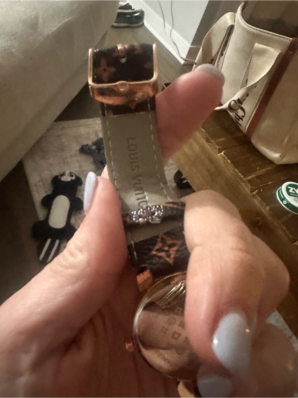 Source Unknown Gold Crystal Watch with Brown Monogram Strap & Gold LV Bracelet - Picture 10 of 15